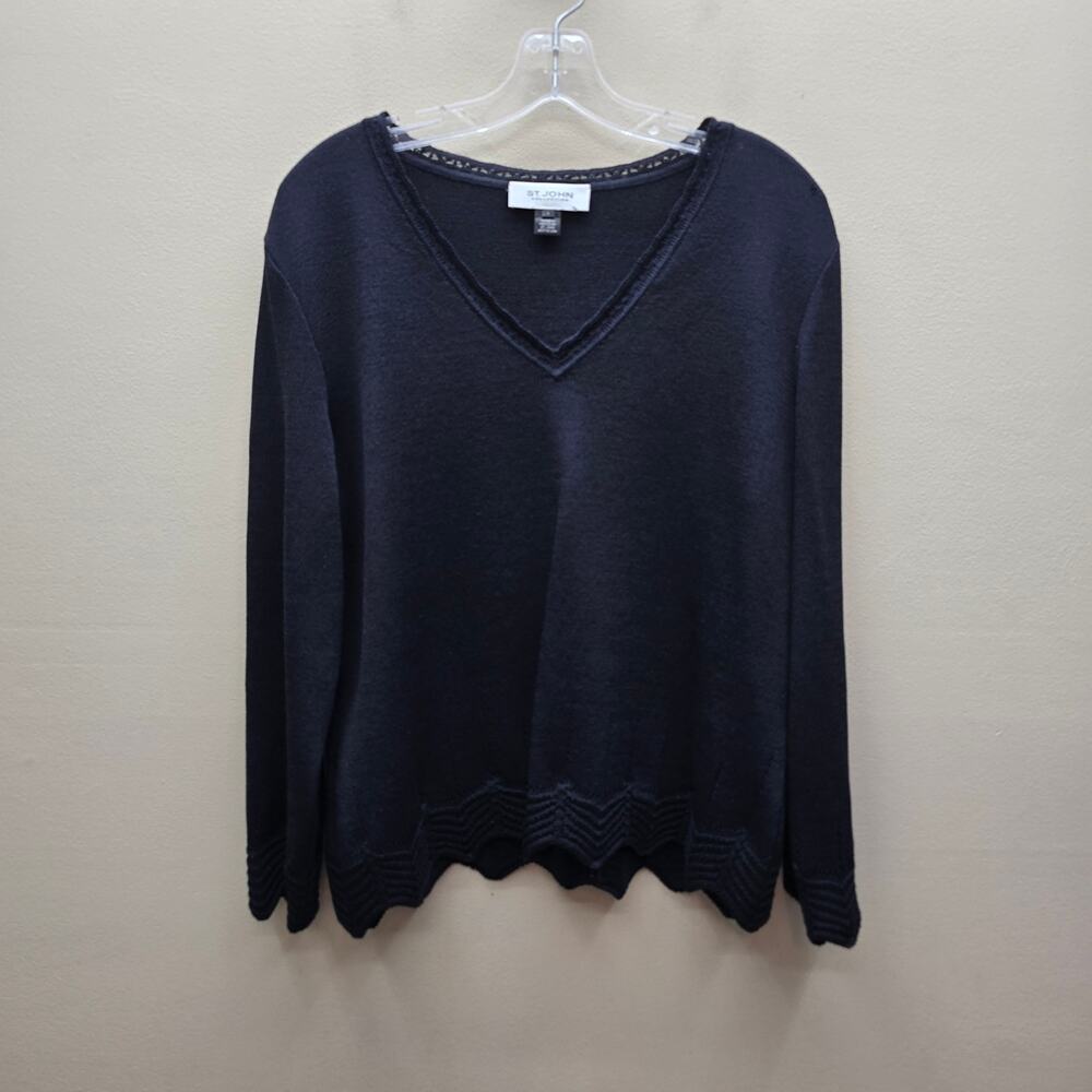 St. John Collection Wool Blend Knit Sweater Large V Neck Scalloped Hem Black